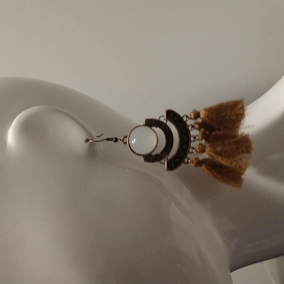 Moonstone Bronze Brown Tassel 3.5" Fishhook Earring Aztec Lightweight - Picture 2 of 5